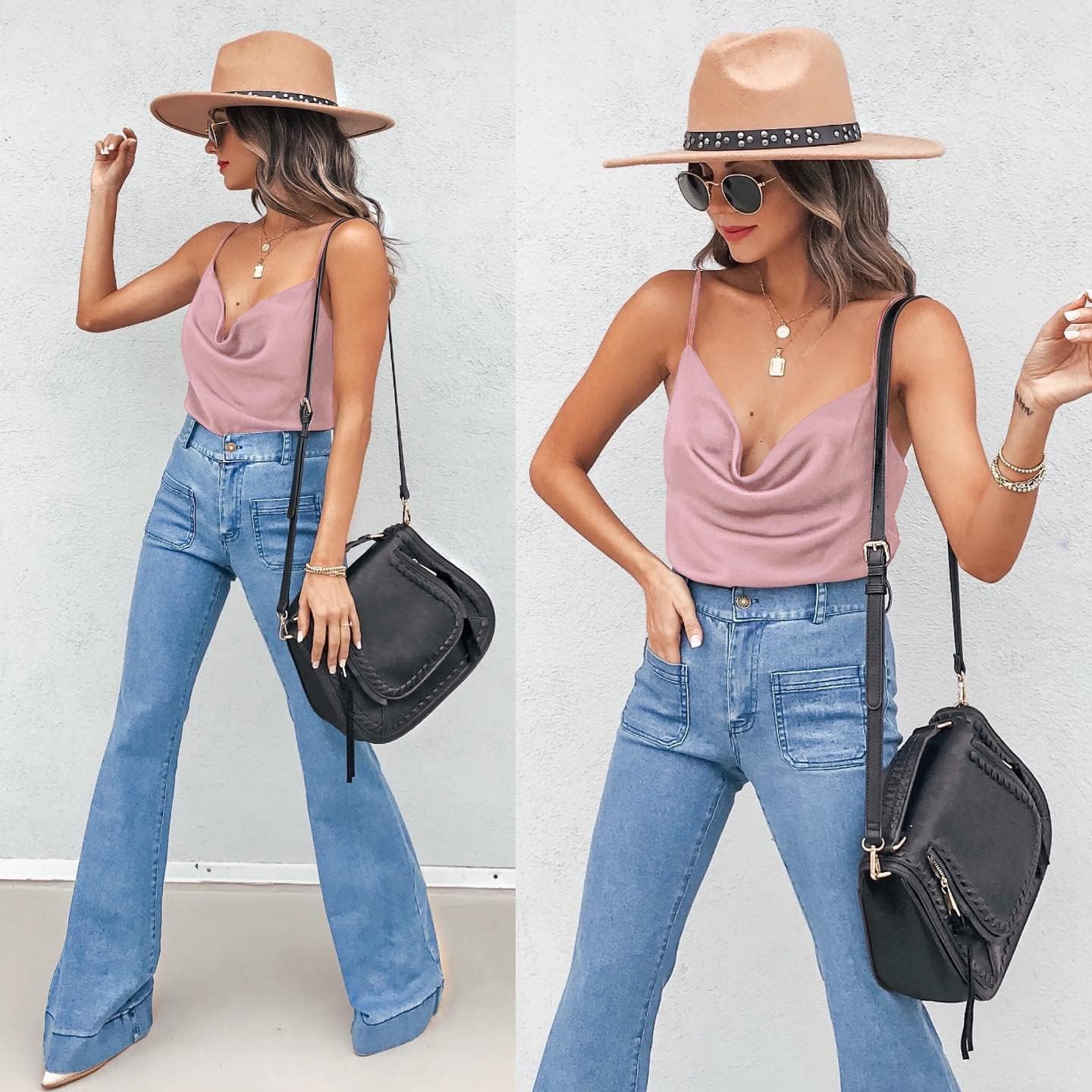 Aoulaydo Women's Spaghetti Straps V Neck Satin Camisole Cowl Neck Cami Tank Top Silk Camisole Sleeveless Blouses - Image 2