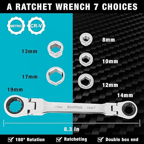 Miniatura 2 de DURATECH Juego de llaves de trinquete, juego de llaves métricas 7 en 1 con engranaje de 72 dientes, llave de acero CR-V con organizador de