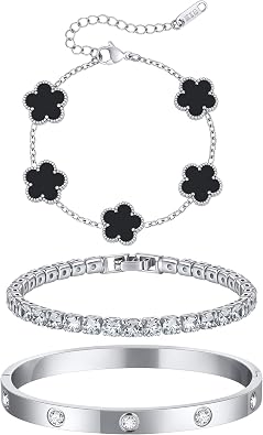 Womens Stackable Floral Silver Bracelets - 3 Pcs Stainless Steel Flower Bangle Bracelet Set Non Tarnish, Stacked Trendy Jewelry,Vacation Christmas Valentines Day Birthday Party Gifts for Girlfriend