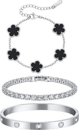 MPRAINBOW Womens Stackable Floral Silver Bracelets - 3 Pcs Stainless Steel Flower Bangle Bracelet Set Non Tarnish, Stacked Trendy Jewelry,Vacation Christmas Valentine's Day Birthday Party Gifts for Girlfriend