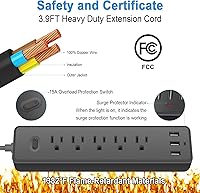 Vista 4 de Regleta protectora contra sobretensiones con USB, cable de 3.9 pies de largo con 5 salidas de CA y 3 puertos de carga USB, extensor de salida