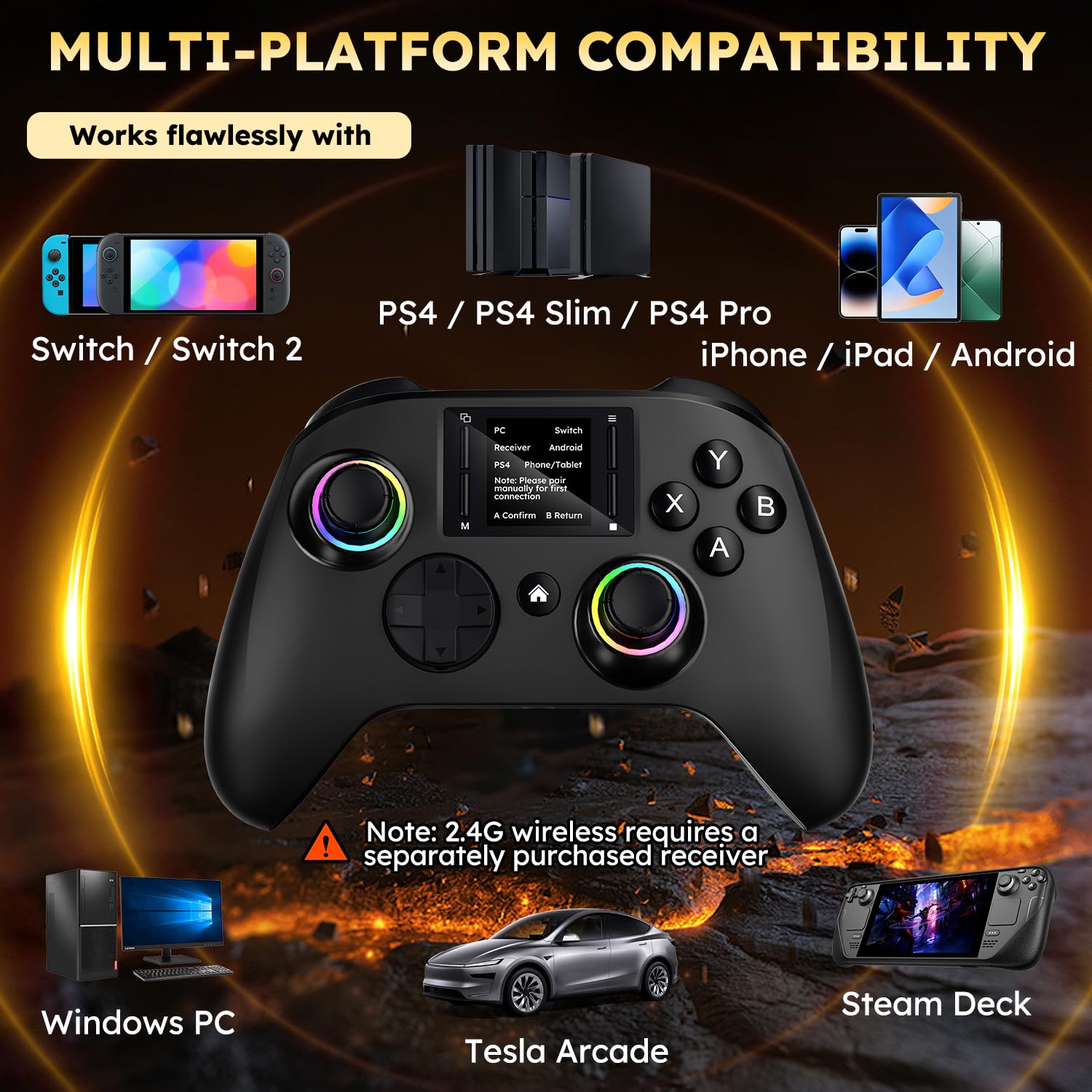 Wireless Gaming Controller with Interactive Screen, 4 Programmable Buttons, Turbo, 6-Axis Gyro, Dual Vibration, RGB Lighting, 1000mAh, for PC/PS4/Switch/Android/iOS