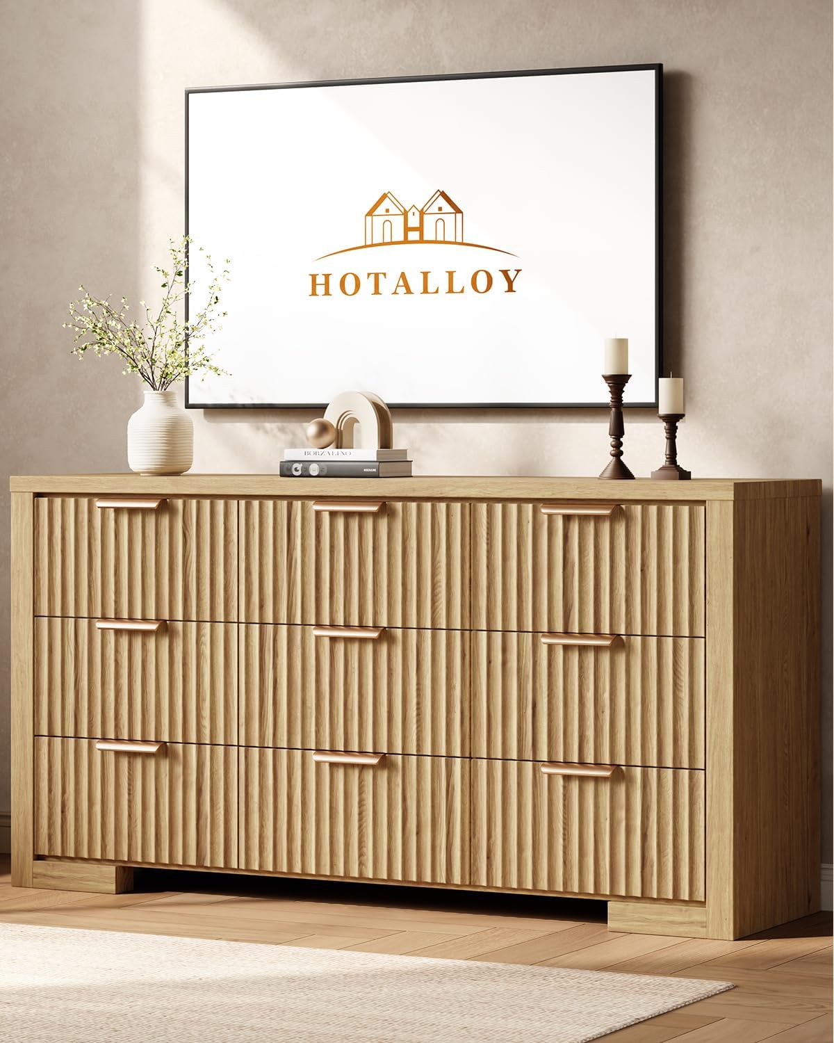Fluted Chest of Dresser for Bedroom, 57" Wide 9 Drawers Dresser with Metal Handle, Modern Storage Dressers Organizer for Living Room, Hallway, Natural Oak