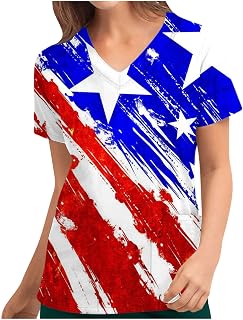 Independence Day Tops for Women 4th of July American Flag Shirts Summer Nursing Uniform Patriotic T Shirt with Pocket