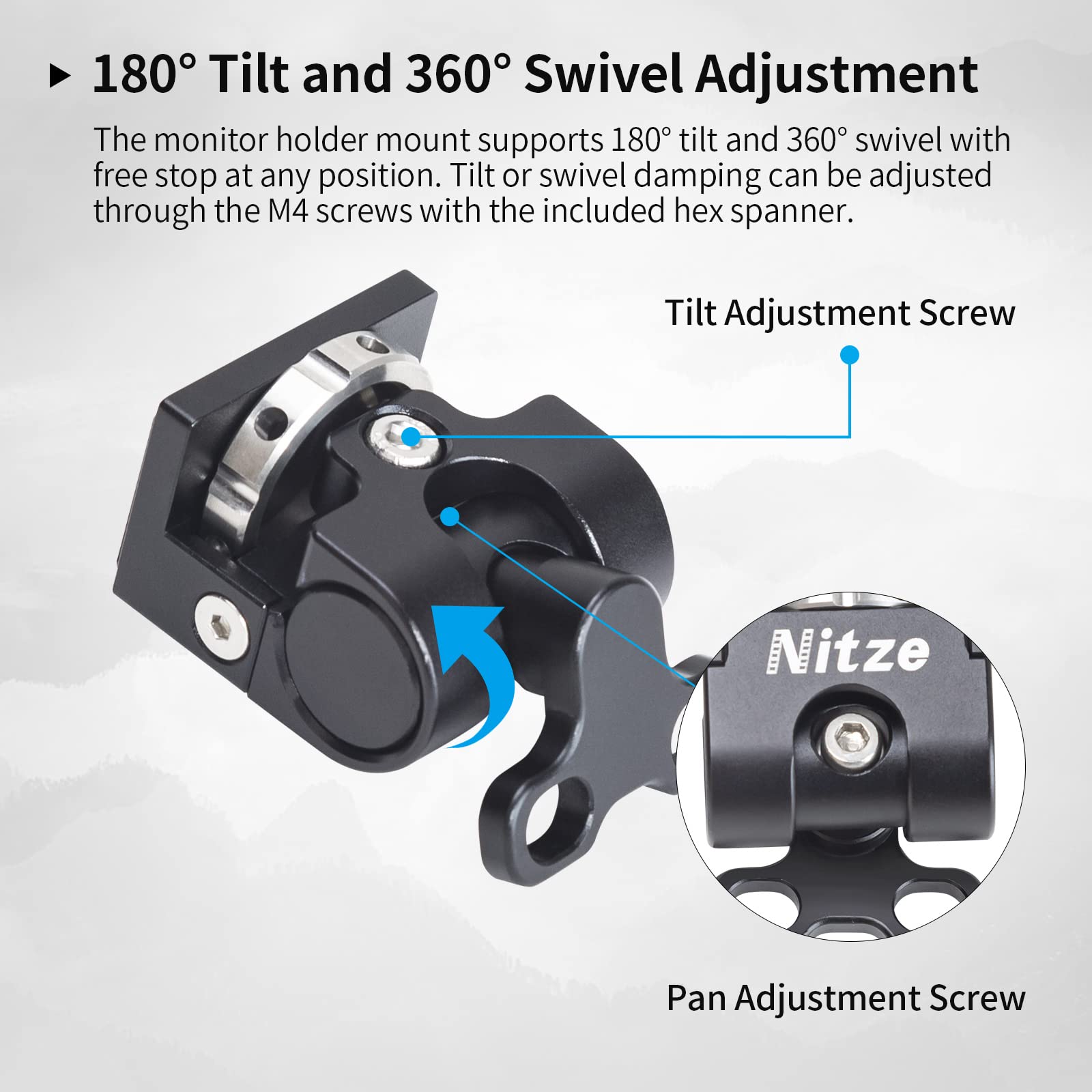 Nitze Camera Monitor Mount with 1/4" Screws, Supports 360° Swivel and 180° Tilt for 5” and 7” Monitor, Payload up to 5 KG- N54-F3 - Image 3