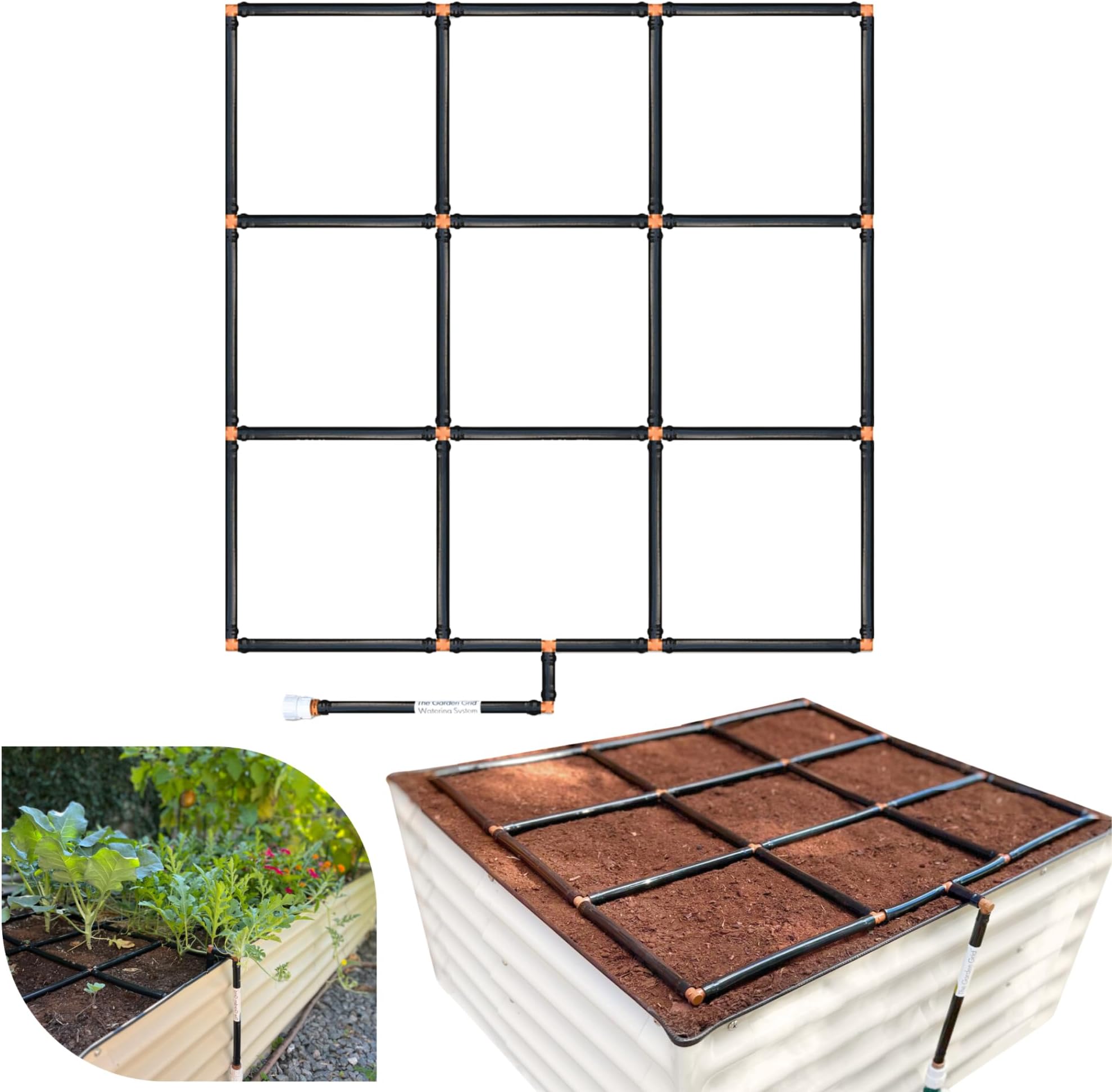 Garden Grid Watering System | Preassembled Drip Irrigation, Soaker Hose & Sprayer Style kit, in one | Raised Beds, Planters, Containers, Square Foot Gardening - 3x3 (33.5"x33.5")