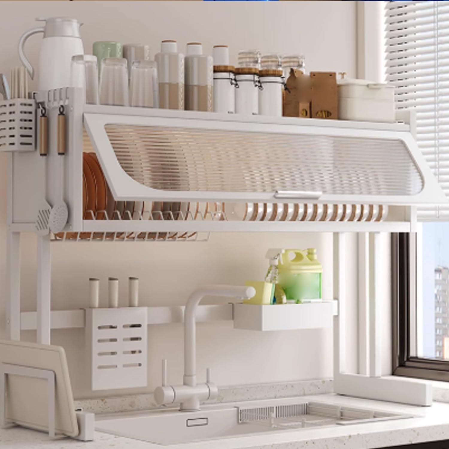 Multifunctional countertop Dish Storage Rack Sink Home Above Dish Rack Stainless Steel Above Dish Drain Rack Drying Rack Space Saving Kitchen Rack(White,95cm/37.4in)
