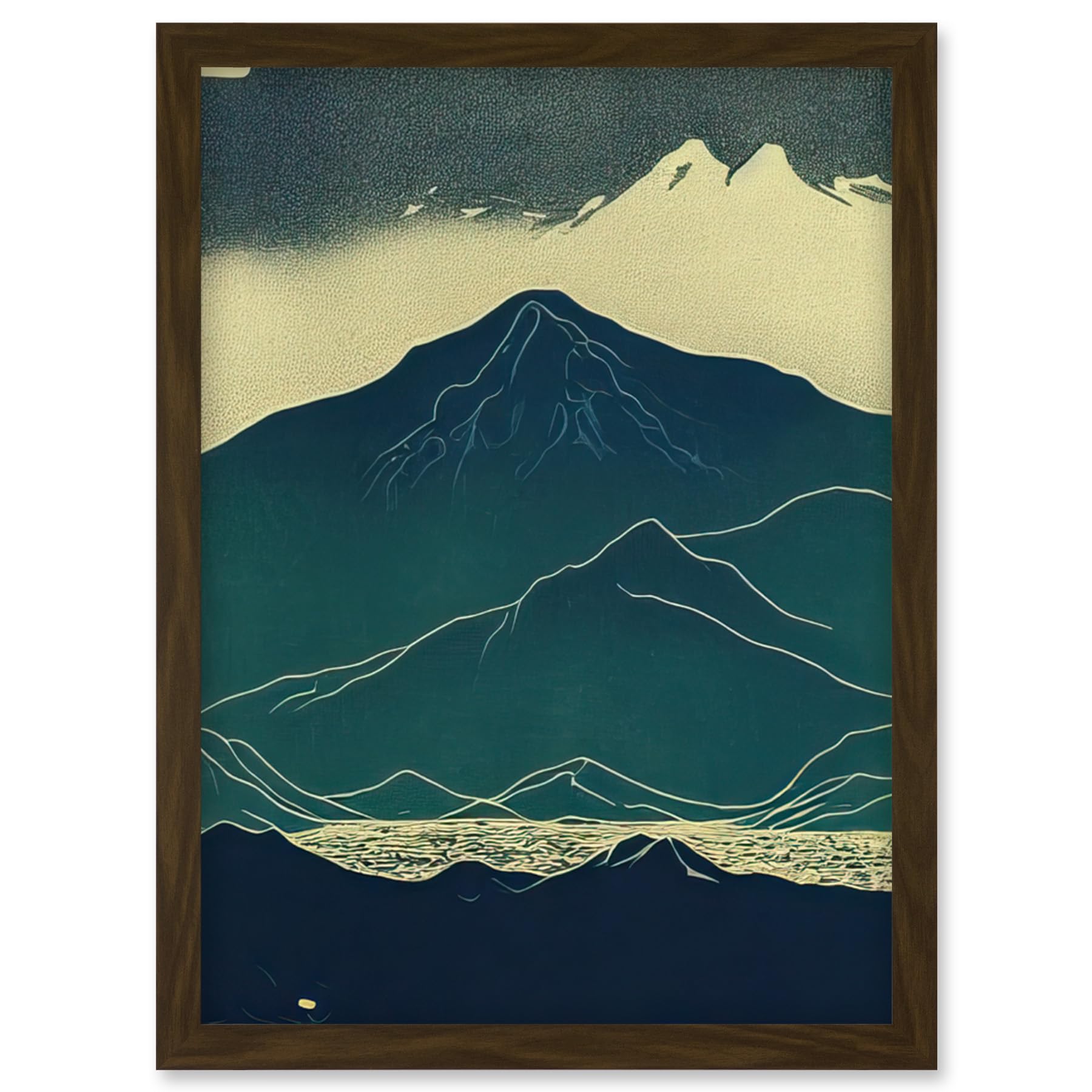 Artery8 Scottish Highlands Lake Mountains Blue Linocut Artwork Framed Wall Art Print A4