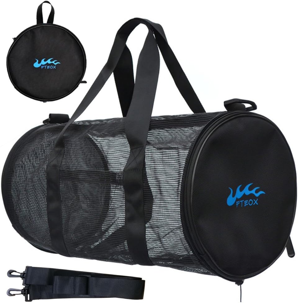 FTEOX Mesh Sports Bag - Large Mesh Duffle Gear Bag Collapsible Adjustable Shoulder Strap Compatible for Travelling, Gym, Swimming, Beach, Soccer，Other Outdoor Sports & Water Sports Gears.