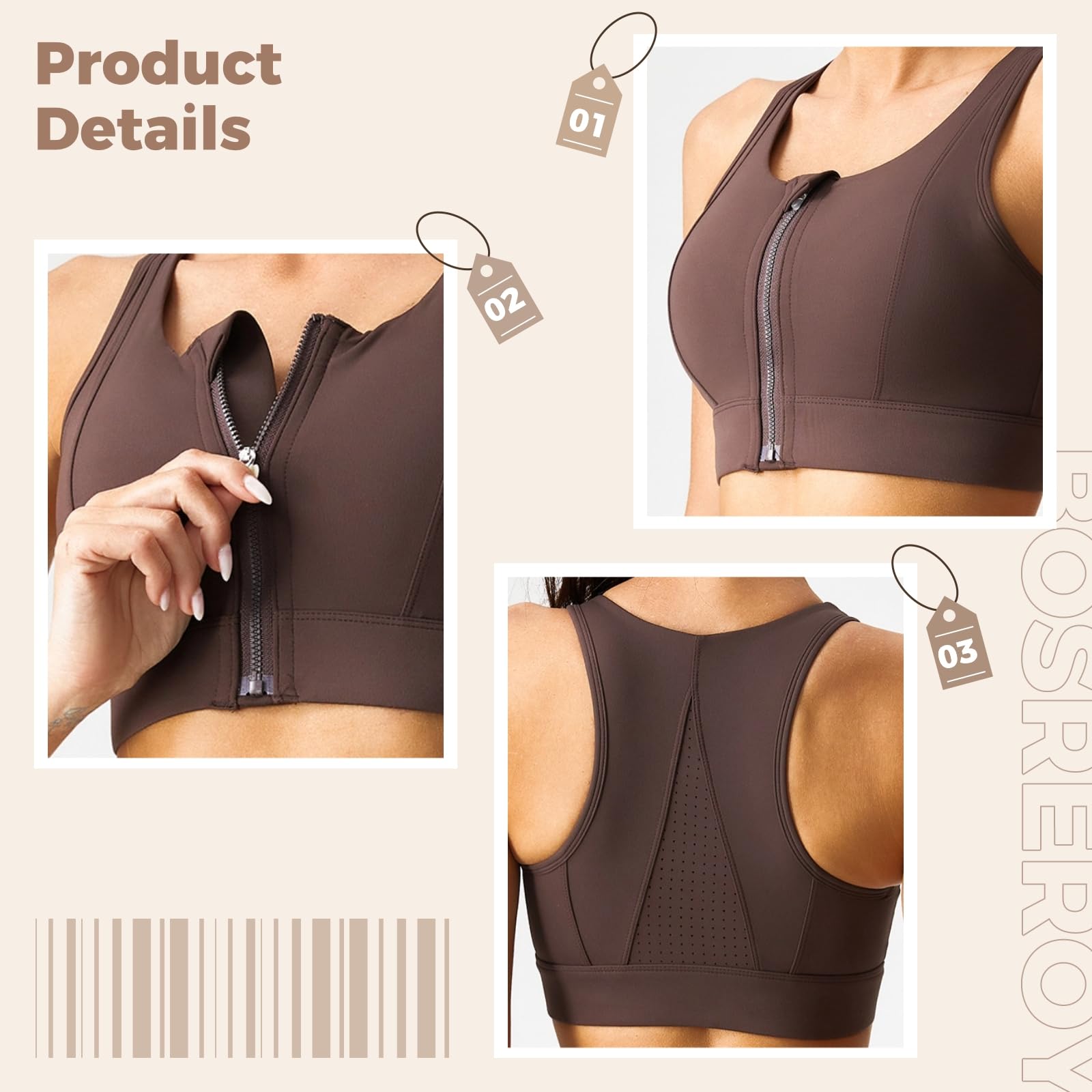 Biustonosz sportowy z zamkiem błyskawicznym z przodu dla kobiet, wysoce elastyczny nylon + spandex, XXL, szerokie paski, bezszwowa konstrukcja