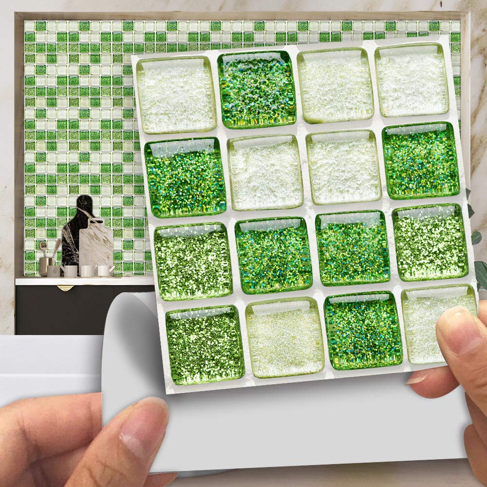 LMYSXAOZ Tile Stickers Shiny Green Beige Stick on Tiles PVC for Kitchen Heat Resistant Bathroom Waterproof Self Adhesive Walls Peel and Wallpaper 15x15cm