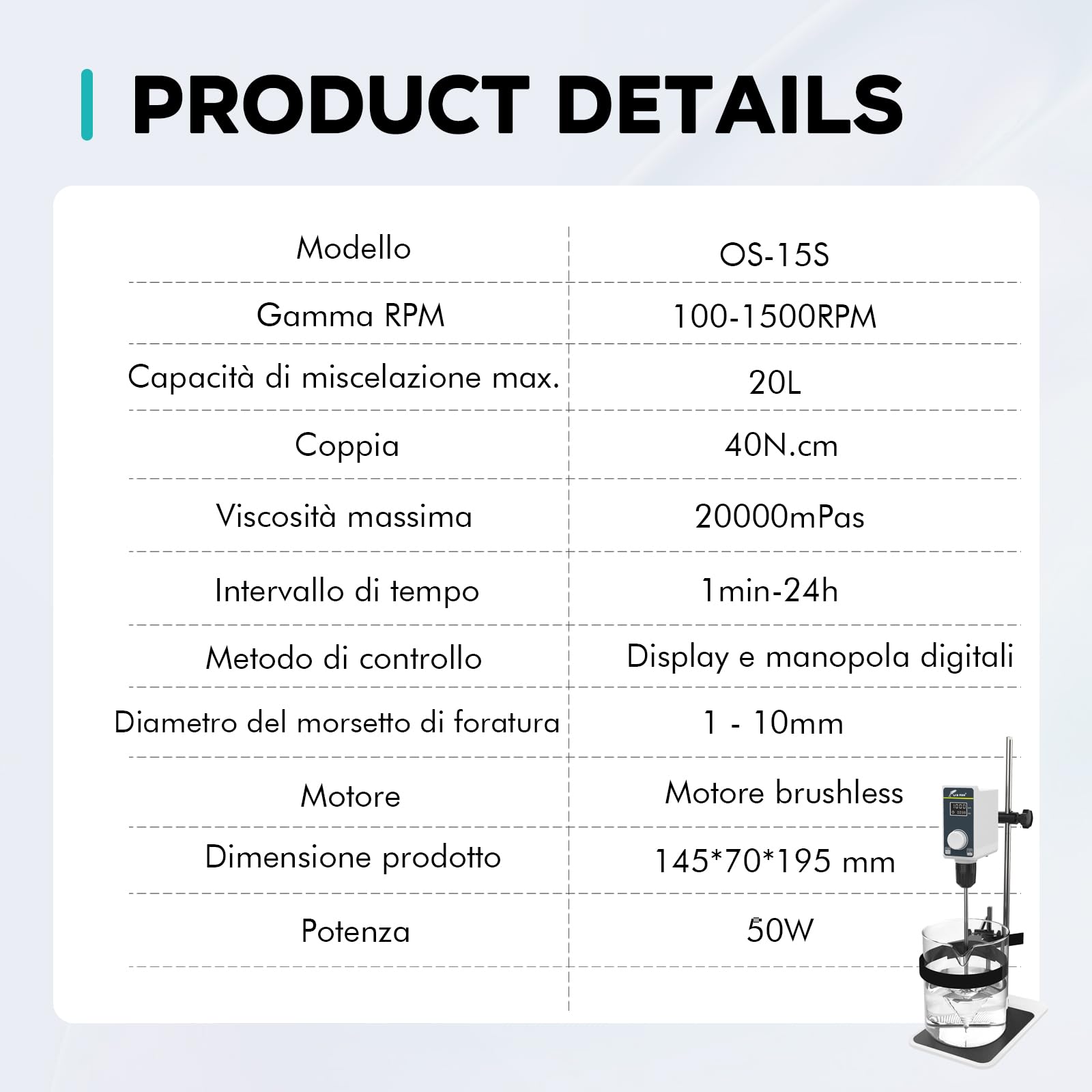 LAB FISH Agitatore a Immersione Overhead Stirrer, Miscelatore da Laboratorio 50W con Pala e Supporto Acciaio Inox, Velocità Regolabile 100-2000 RPM, Timer 1min-24h, per 20L & 20000 mPas