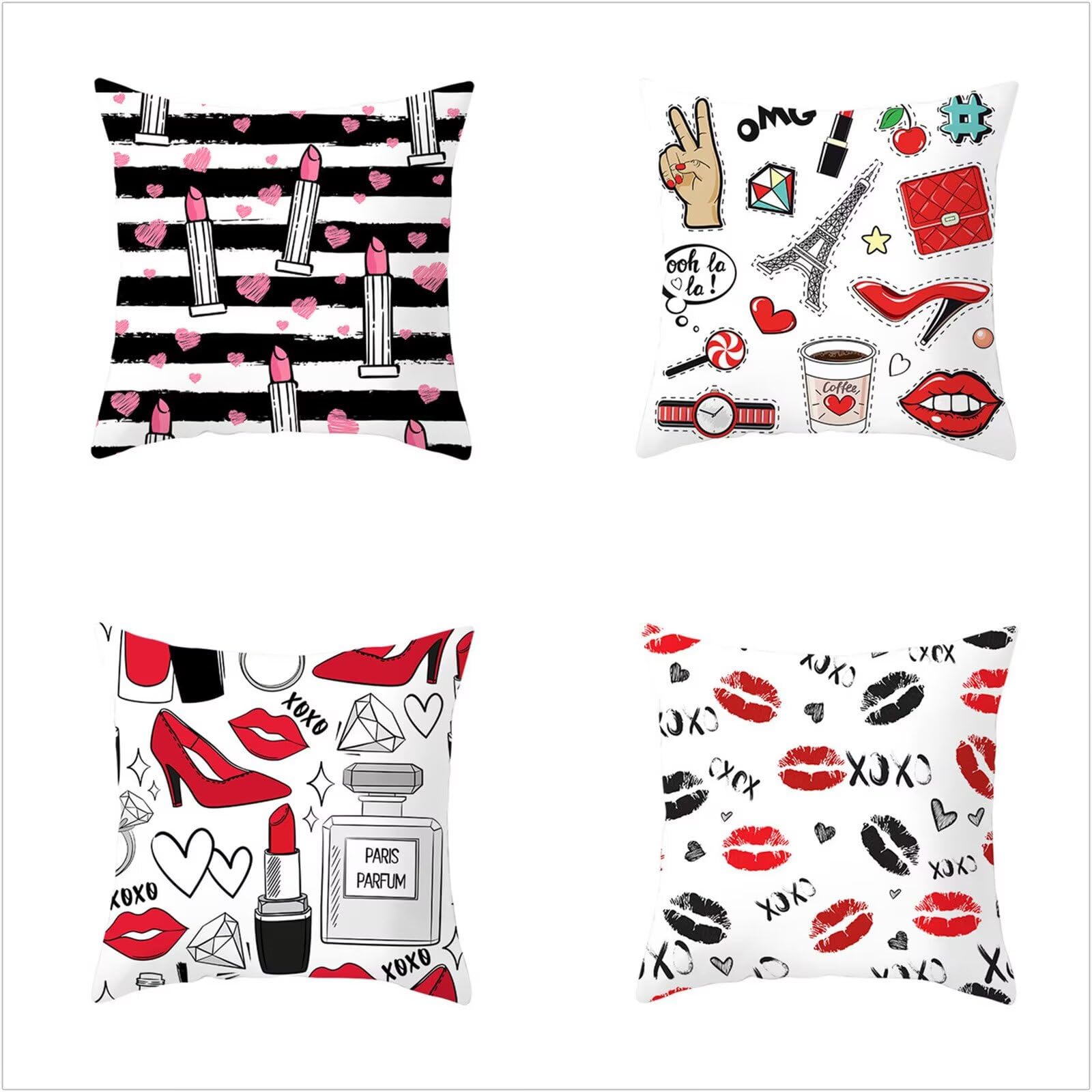 Juego de 4 Impermeable Funda de Cojín Labios rojos de moda,55x55cm Moderno Suave Transpirables Lino Fundas de Almohada Cojines Decorativos con Cremallera Oculta para Exterior Sofá Cama Coche Hogar