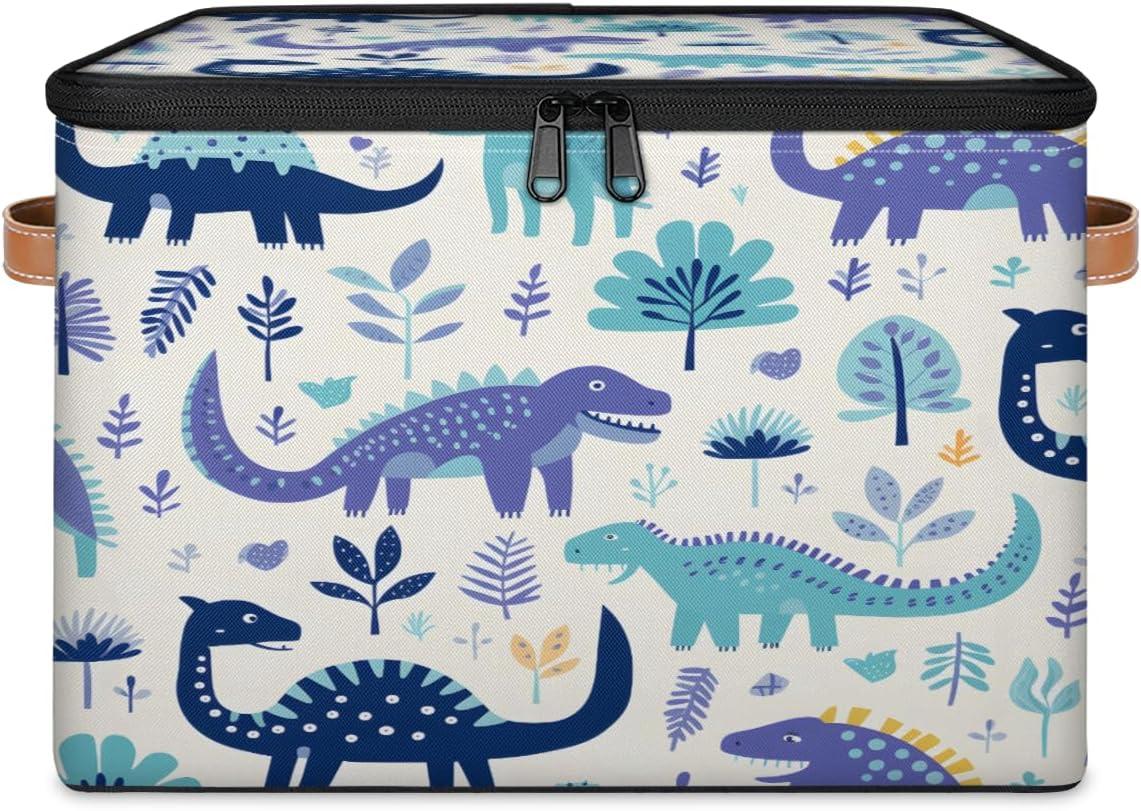 Storage Bin Set of 2 Dinosaurs Animal Storage Basket with Zipper Lid & Handle Foldable Closet Shelf 2 Pack Cloth Organizer Basket Cube Bins Clothes Organizer for Bedroom, Nursery