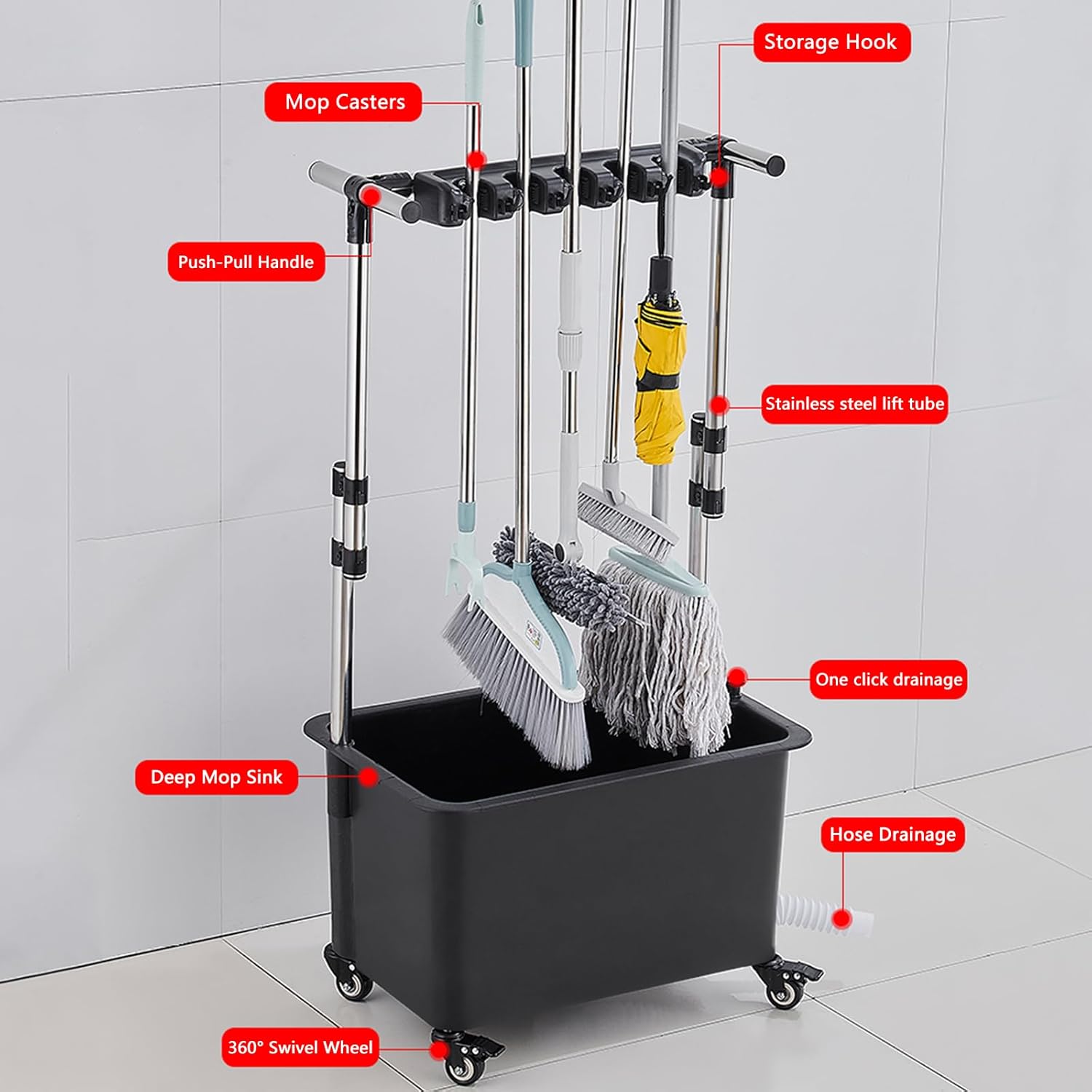 Freestanding Floor Commercial Mop Sink with Rollers,Utility Tub Mop Bucket Laundry Room Slop Sink,Plastic Mop Service Basin,for Balcony Bathroom Kitchen Outdoor, 60cm/23.6in