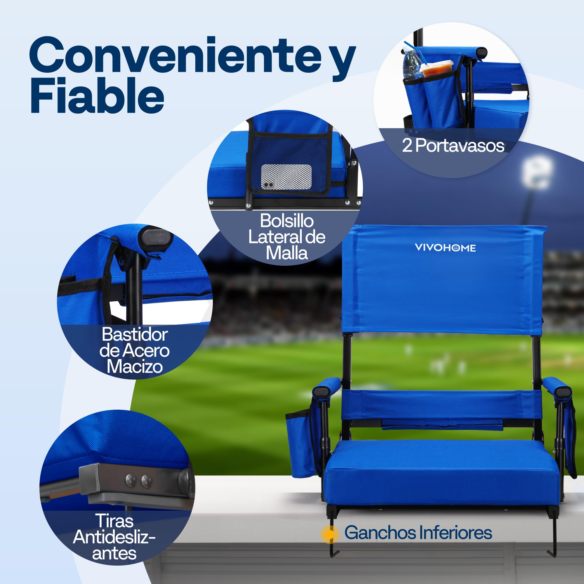 VIVOHOME Asientos de Estadio con Respaldo y Cojín Paquete de 2 Sillas Portátiles para Gradas con Portavasos y Correa para el Hombro
