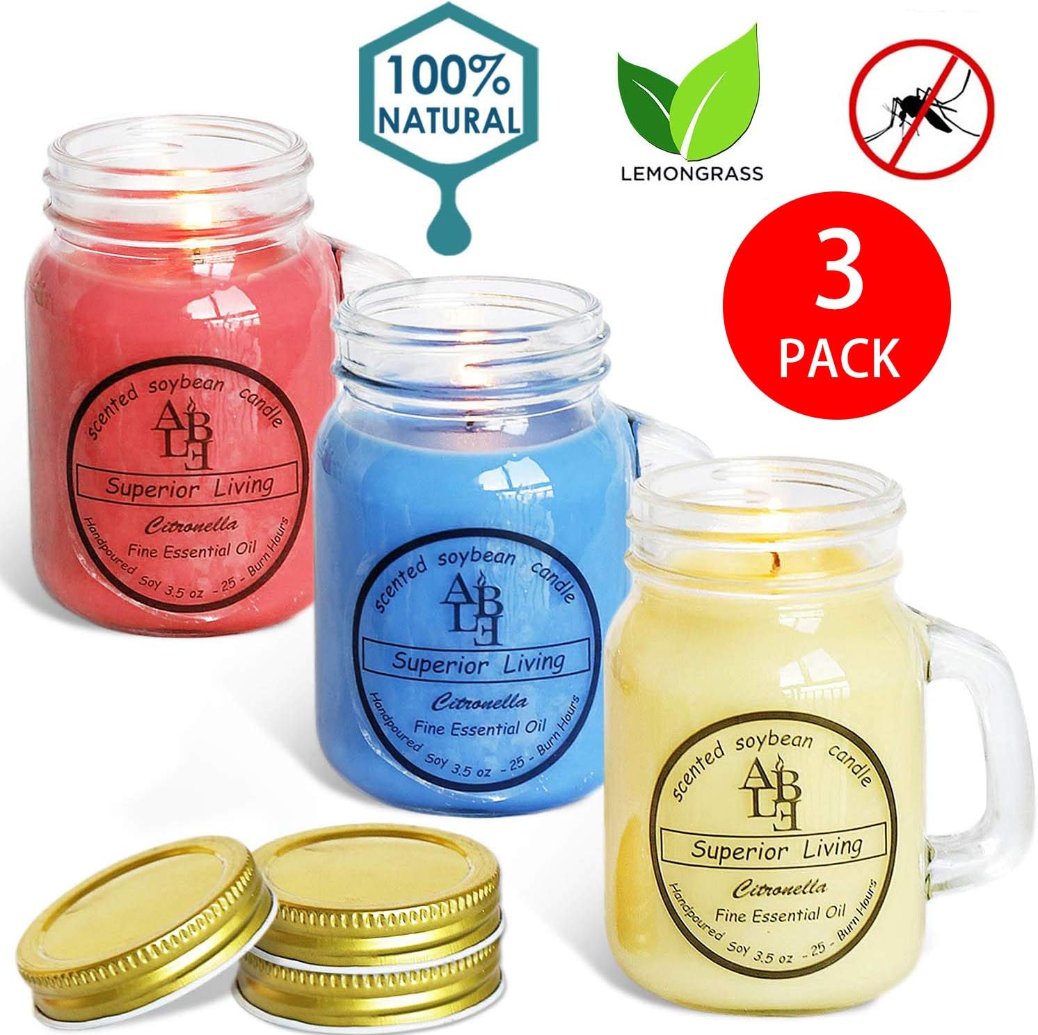 YIIA Citronella Candle (Set of 3) Indoor/Outdoor - 25 Hour Burn - Mason Jar