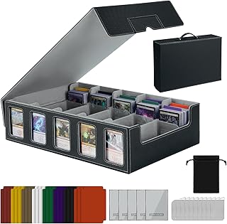 Caja de almacenamiento de cartas con asa, estuche de juego de cuero portátil de 5 filas para más de 4000 cartas, caja de colección de cartas gris con ventana de visualización Commander para MTG
