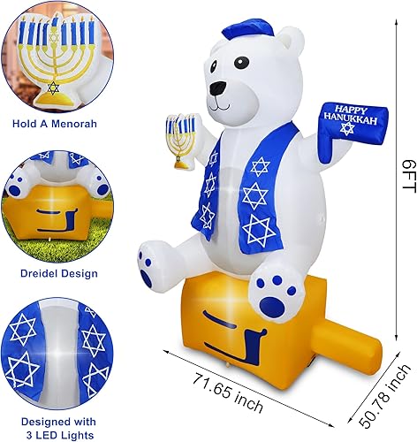 Miniatura 3 de Inflables de Hanukkah de 6 pies para decoración al aire libre, oso sosteniendo una estrella de David y Menorá con luces LED integradas, decoraciones