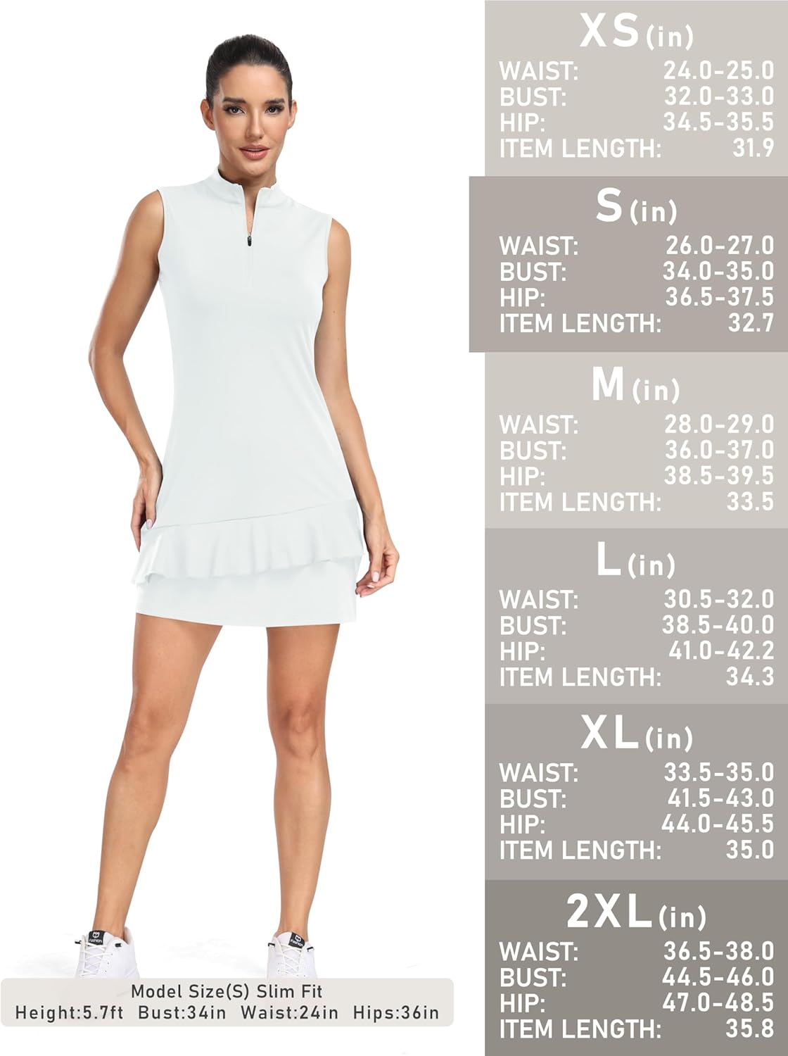 MoFiz Women Sleeveless Zip Up Golf Tennis Dress Ruffle Athletic Sports Dresses with Shorts One Piece for Active Casual Wear