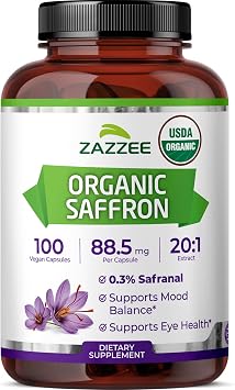 Zazzee USDA Organic Saffron 201 Extract، 88.5 mg، 0.3% Safranal، 100 كبسولة نباتية، إمداد لمدة 3+ شهرًا، مستخلص 20X مركز وموحد، غير معدل وراثيًا، طبيعي بالكامل، صنع في الولايات المتحدة الأمريكية