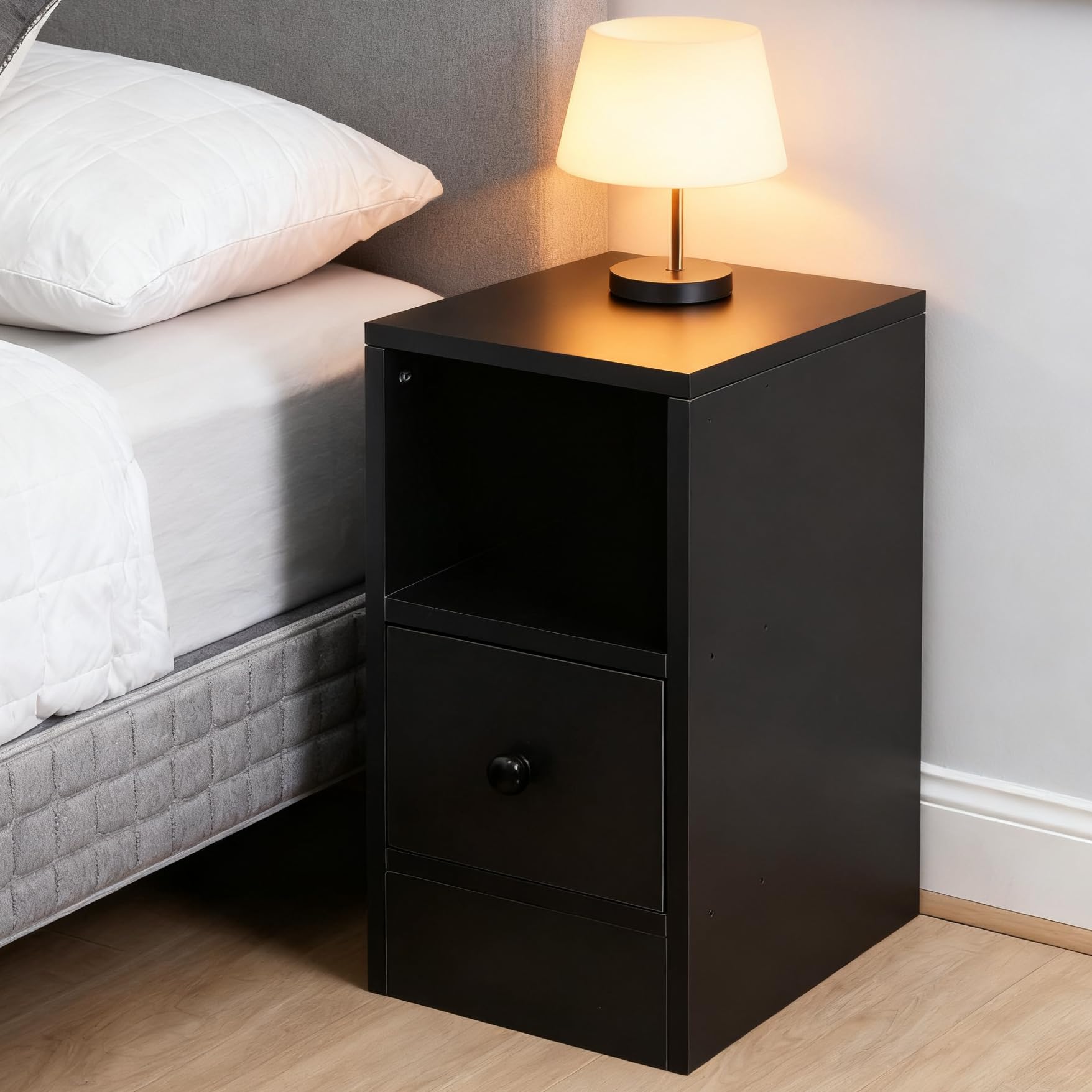 Pantanal 20CM Slim Bedroom Nightstand Small Bedside Table Cabinet with Storage Drawers and Shelf, Narrow Thin Living Room End Table Sofa Side Table Wood(black with drawer)