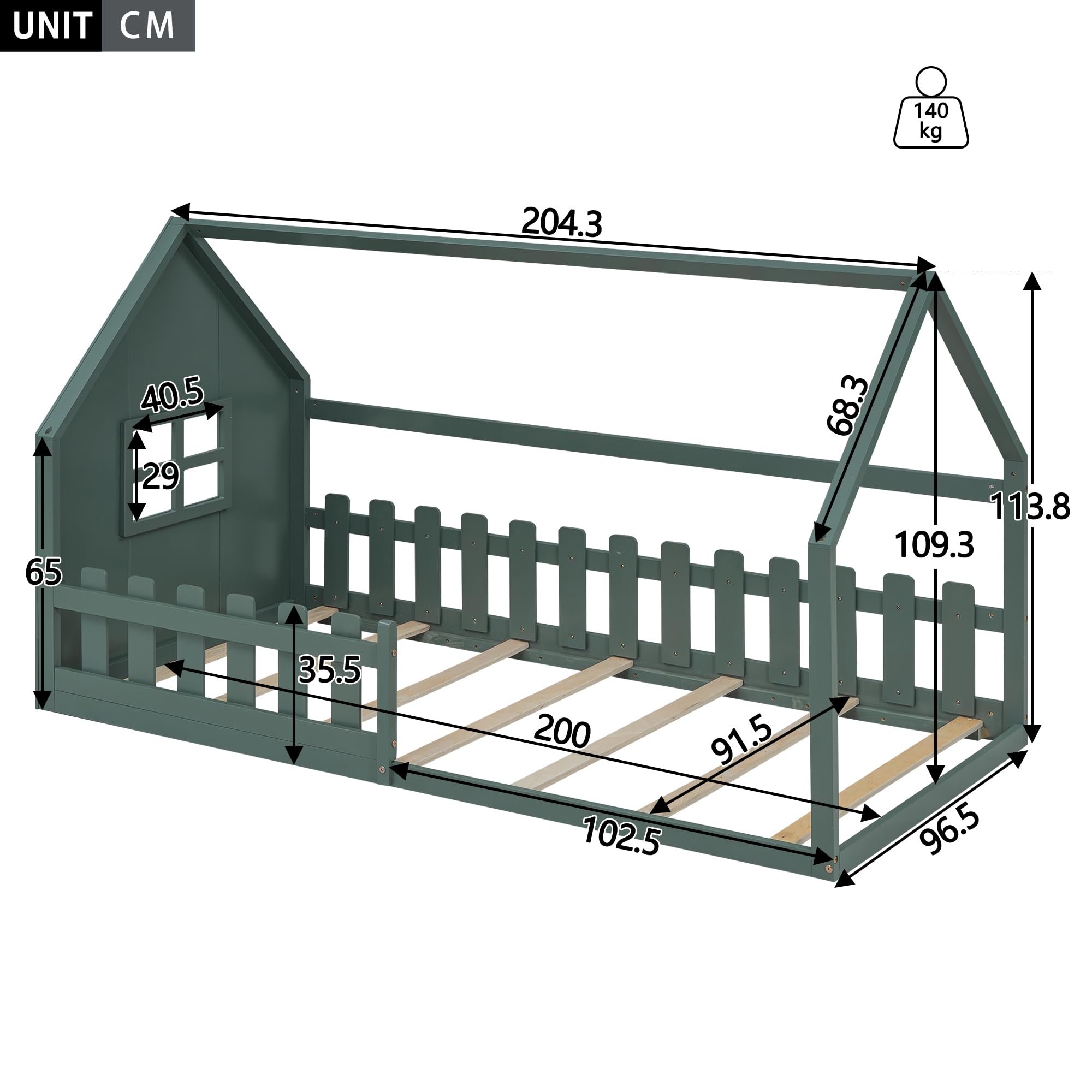 Bodenbett 90x200, Rausfallschutz Bett, Hausbett, Kinderbett 90x200 bodentief für Jungen & Mädchen, Kinder Bett aus Kiefer Holz, Bett mit Lattenrost, Babybett, Kleinkindbett (Grün)