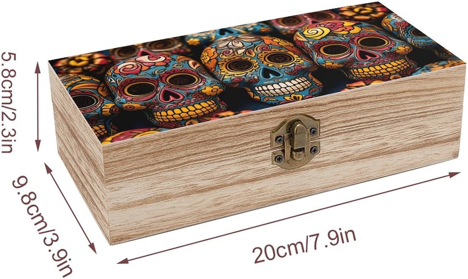 Colorful Sugar Skulls Wooden Box Wood Storage Box with Hinged Lid Rectangular Keepsake Boxes Vintage Table Organizer Decorative Container for Gift Packaging Toys Crafts image 2