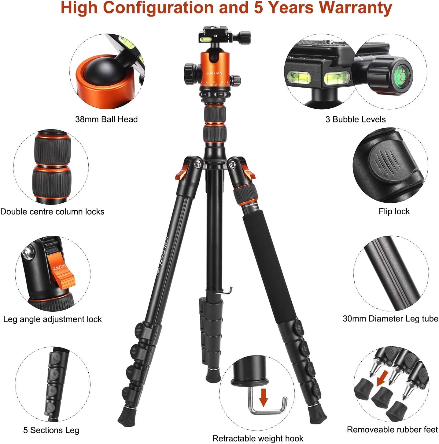 JOILCAN 81” Tripod, Aluminum Camera Tripod for DSLR, Compact Tripod Monopod 360° Panorama Ball Head with 2 Quick Release Plates, 16.5” When Folded, 25 lbs Loads -Orange : Electronics