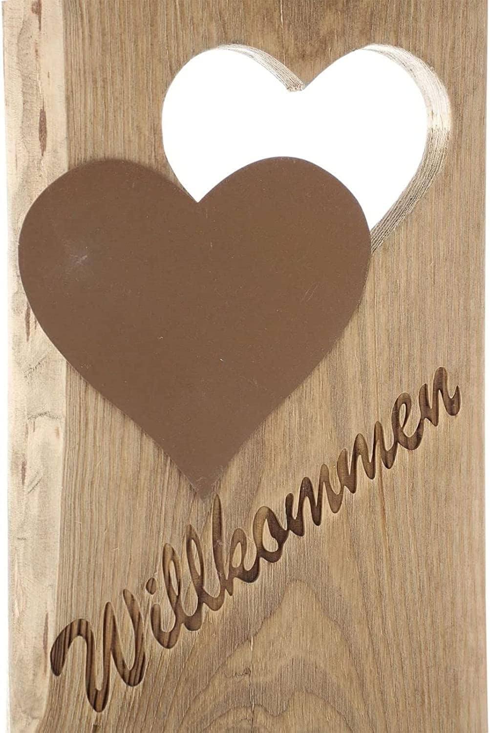 Dekosäule "Willkommen" aus Holz, 80 cm hoch, 2 Metall-Herzen in Rost-Optik