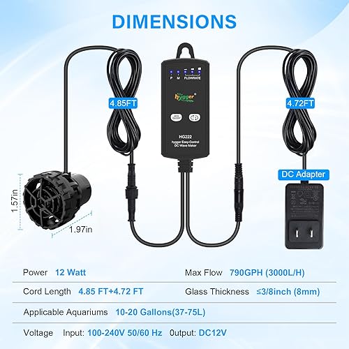 Miniatura 7 de hygger Fabricante de ondas de acuario para tanques de peces de 10 a 20 galones, cabezales de alimentación de CC ajustables para acuario con
