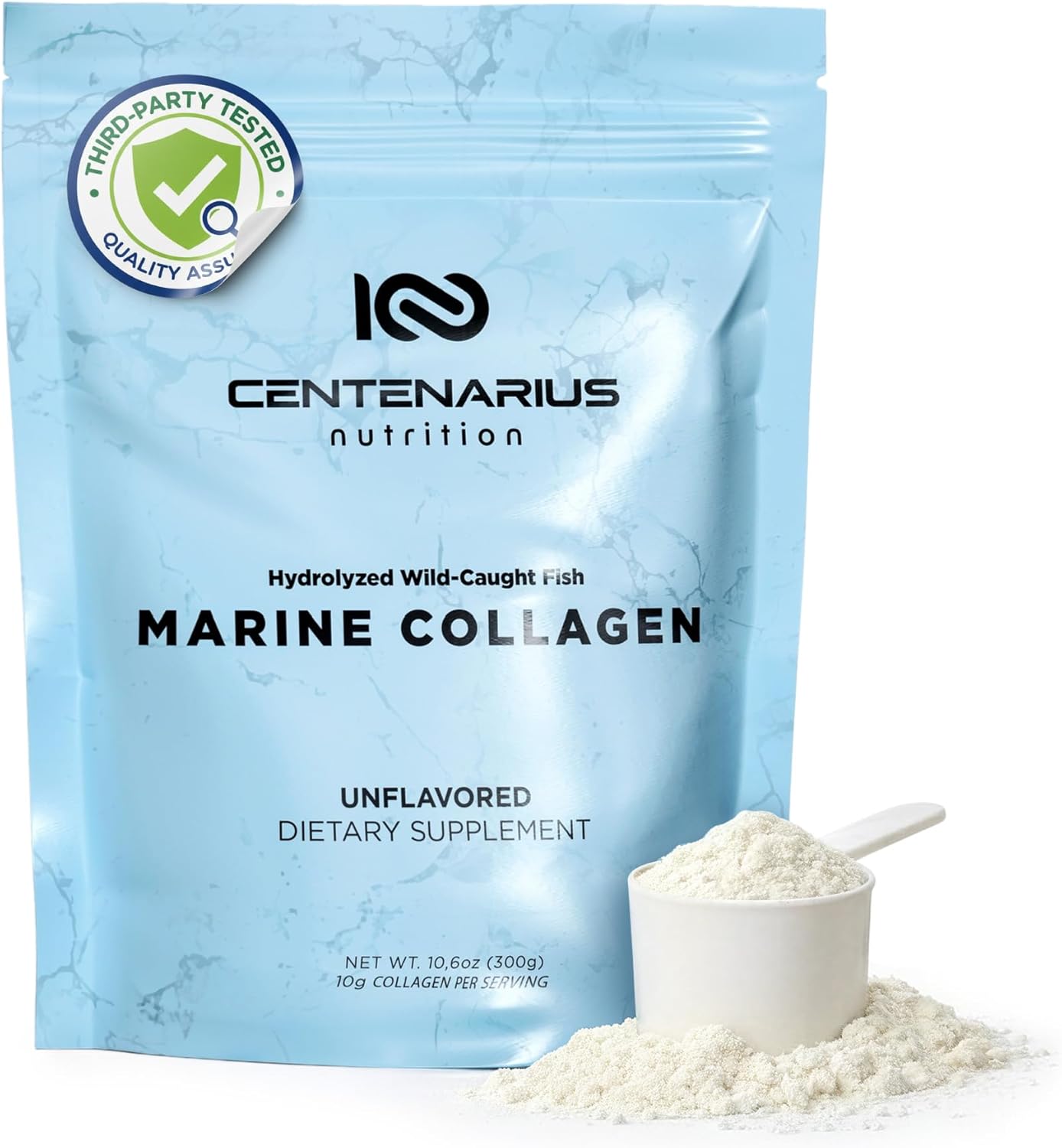 Hydrolyzed Marine Collagen Peptides Powder Unflavored 300g | Type I–IV from Wild-Caught White Fish, Essential Amino Acids for Skin, Hair, Nails, Bone & Joint Support – Non-GMO | Centenarius Nutrition