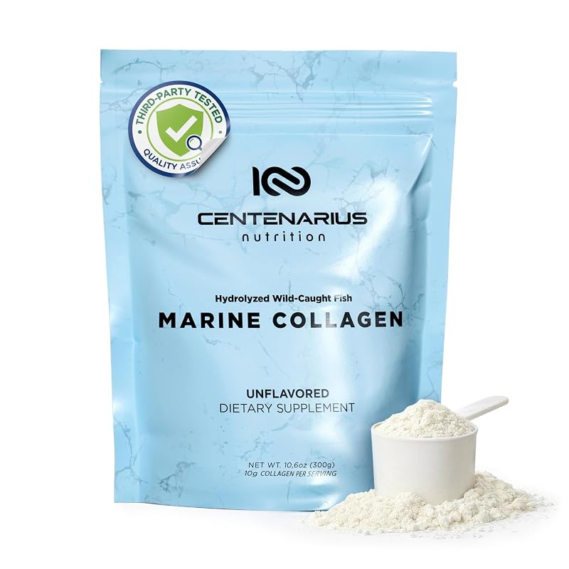 Centenarius Nutrition Suplemento de colágeno marinho em pó, peptídeos de colágeno hidrolisado tipos I–IV, 300 g