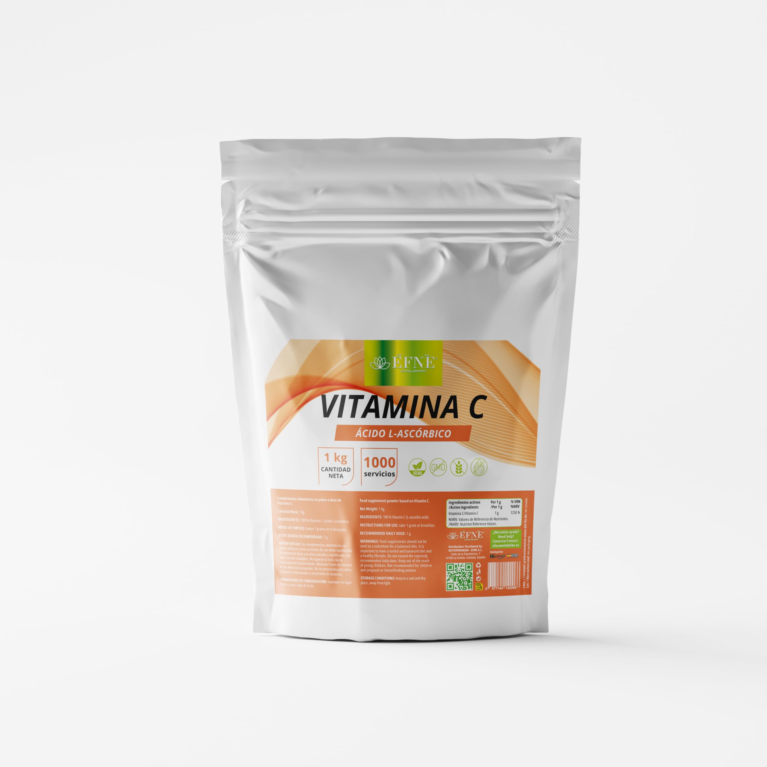 EFNE | Vitamina C Acido L-Ascórbico en polvo 1KG | Vegano | Vitamina C en polvo pura, sin aditivos ni ingredientes añadidos | 1000 Gramos | 1000mg por porción | Dosis alta