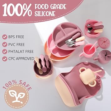 Yinder 24 Pack Silicone Baby Feeding Set Baby Led Weaning Essentials Suction Divided Plate Bowl Spoon Fork Adjustable Bib Snack Cup Straw for 6+ Months(Pink, Dark Pink, Nude)
