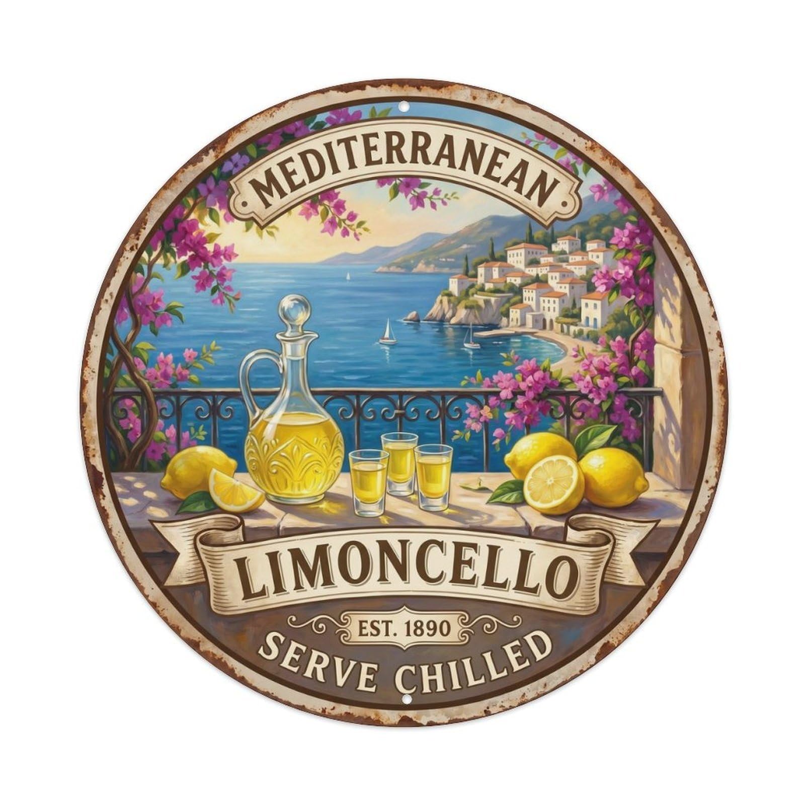 Coastal Limoncello Liqueur Vintage Metal Tin Sign Plaque Wall Decor for Cafe, Club, Garden Round Metal Poster 8x8Inch