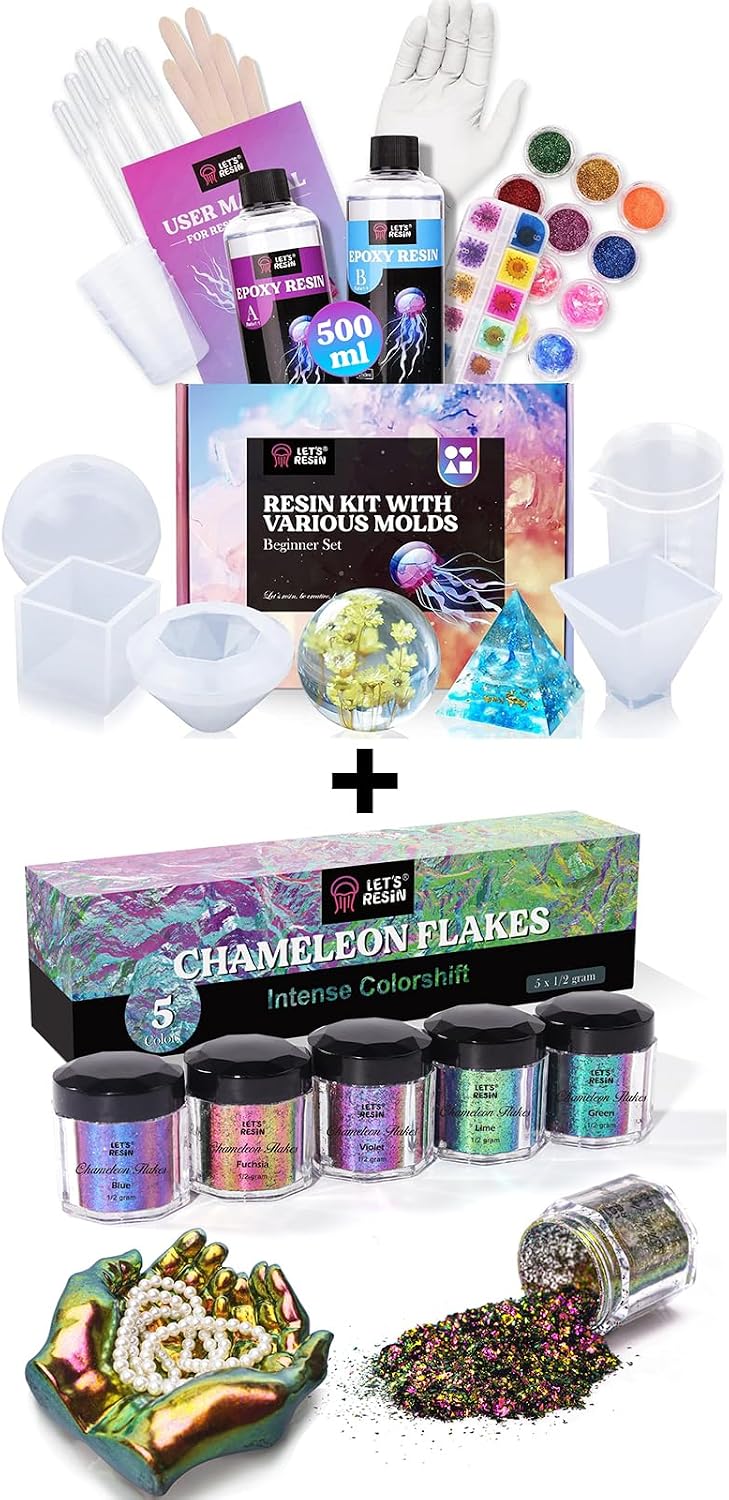 Bundle Set of 16OZ Epoxy Resin Molds Silicone Kit and 5 Colors Chameleon Flakes
