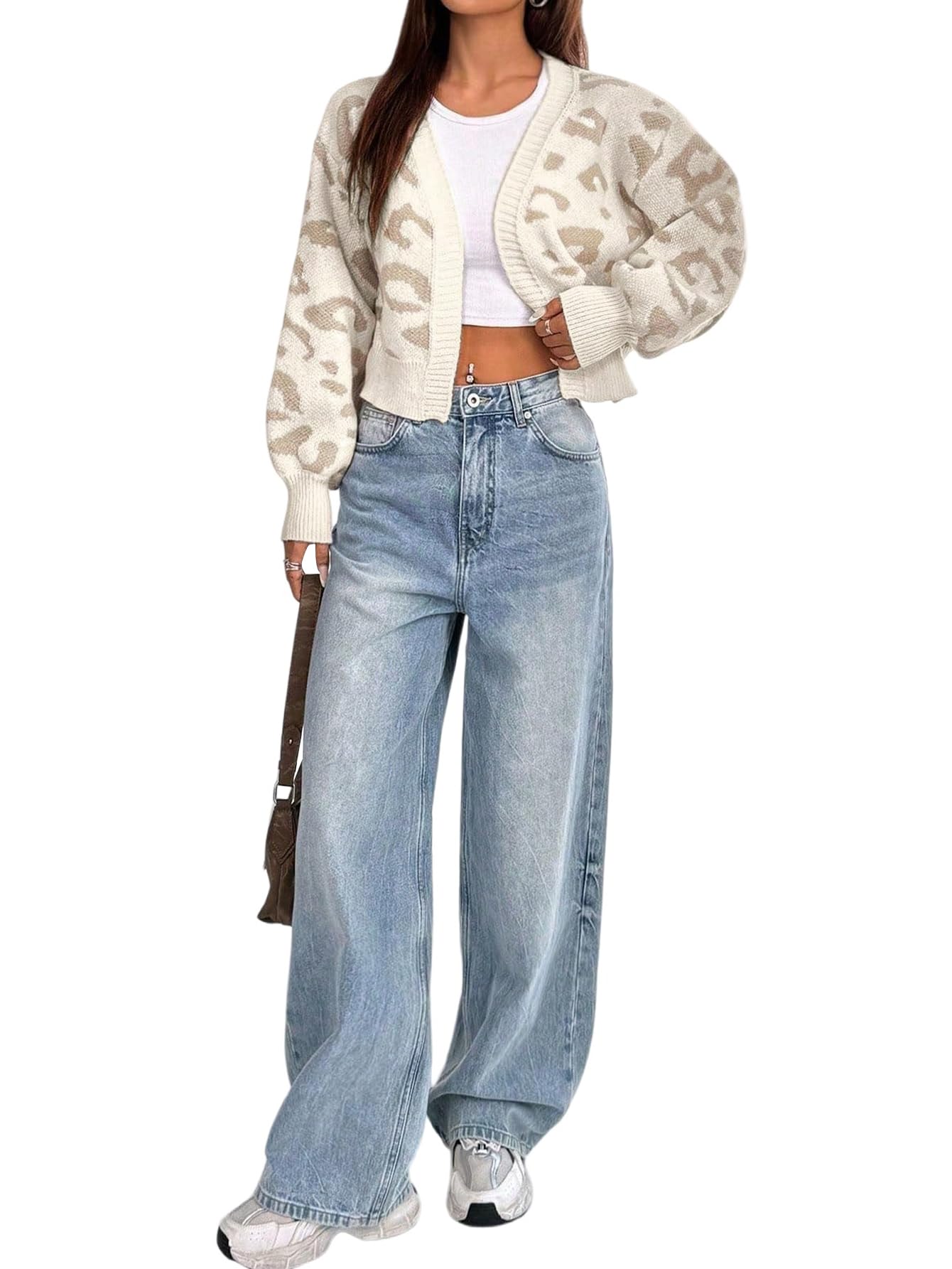 GORGLITTER Chaqueta de punto para mujer, corta, elegante, leopardo, parte superior, de punto, chaqueta de punto, manga larga, abrigo de punto de invierno, jersey de punto con cuello en V, chaleco de