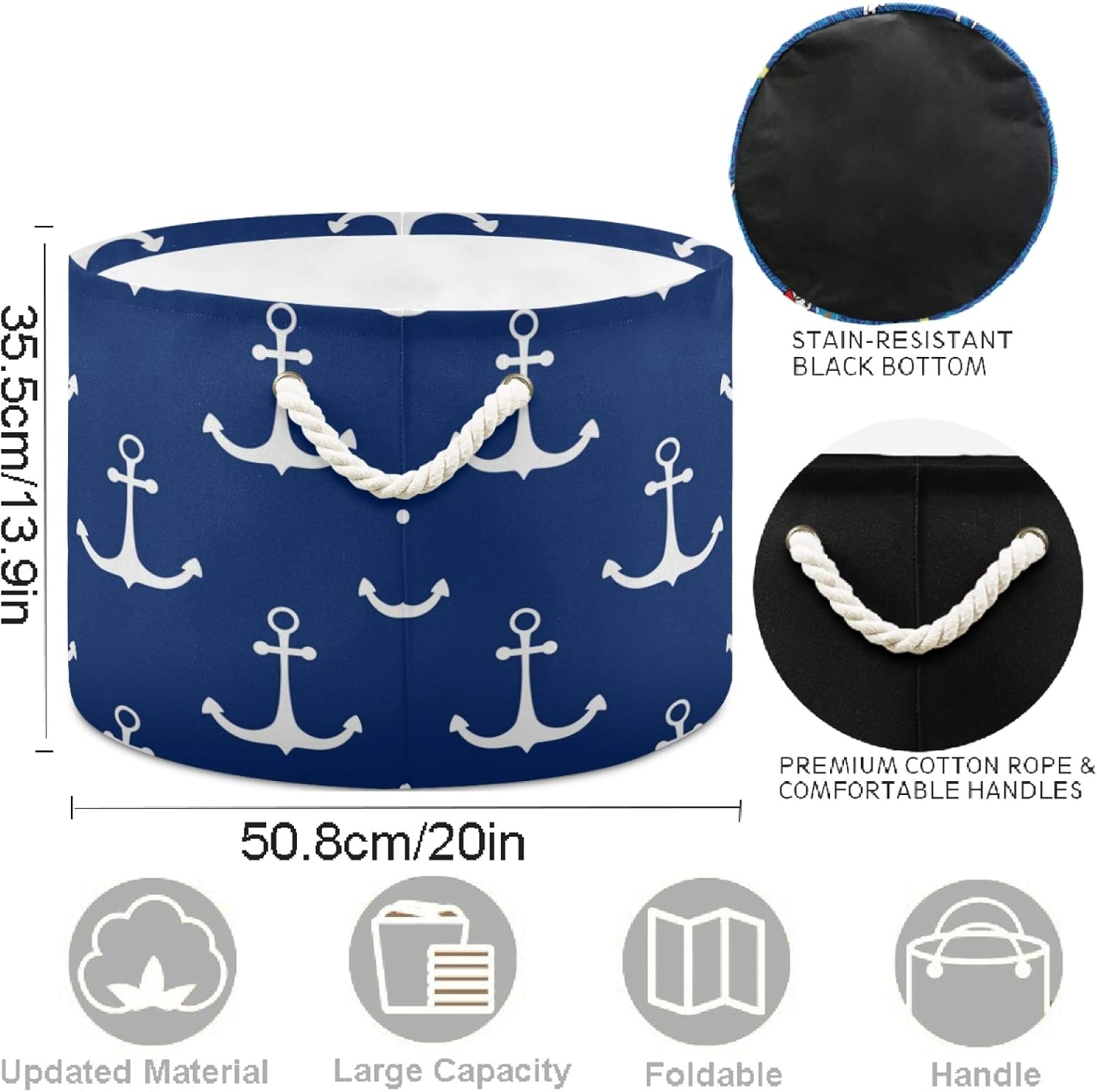 visesunny Classic Anchor Dark Blue Collapsible Large Capacity Basket Storage Bin with Durable Cotton Handles, Home Organizer Solution for Office, Bedroom, Closet, Toys, Laundry