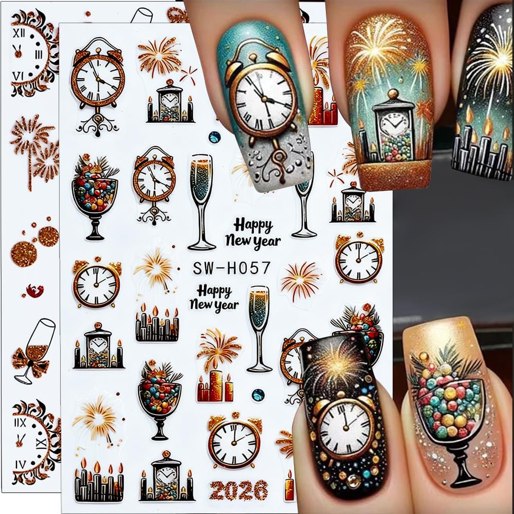Lunar Eve New Years Nail Stickers for Women Winter Holiday Christmas Champagne Clock Firework Nail Decals Xmas 2026 Happy New Year Nail Art Stickers Design Decorations Nails Supplies Accessories