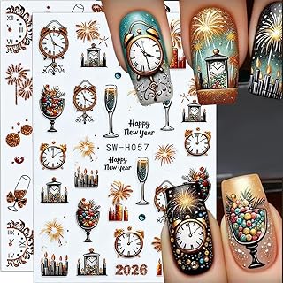 Lunar Eve New Years Nail Stickers for Women Winter Holiday Christmas Champagne Clock Firework Nail Decals Xmas 2026 Happy New Year Nail Art Stickers Design Decorations Nails Supplies Accessories