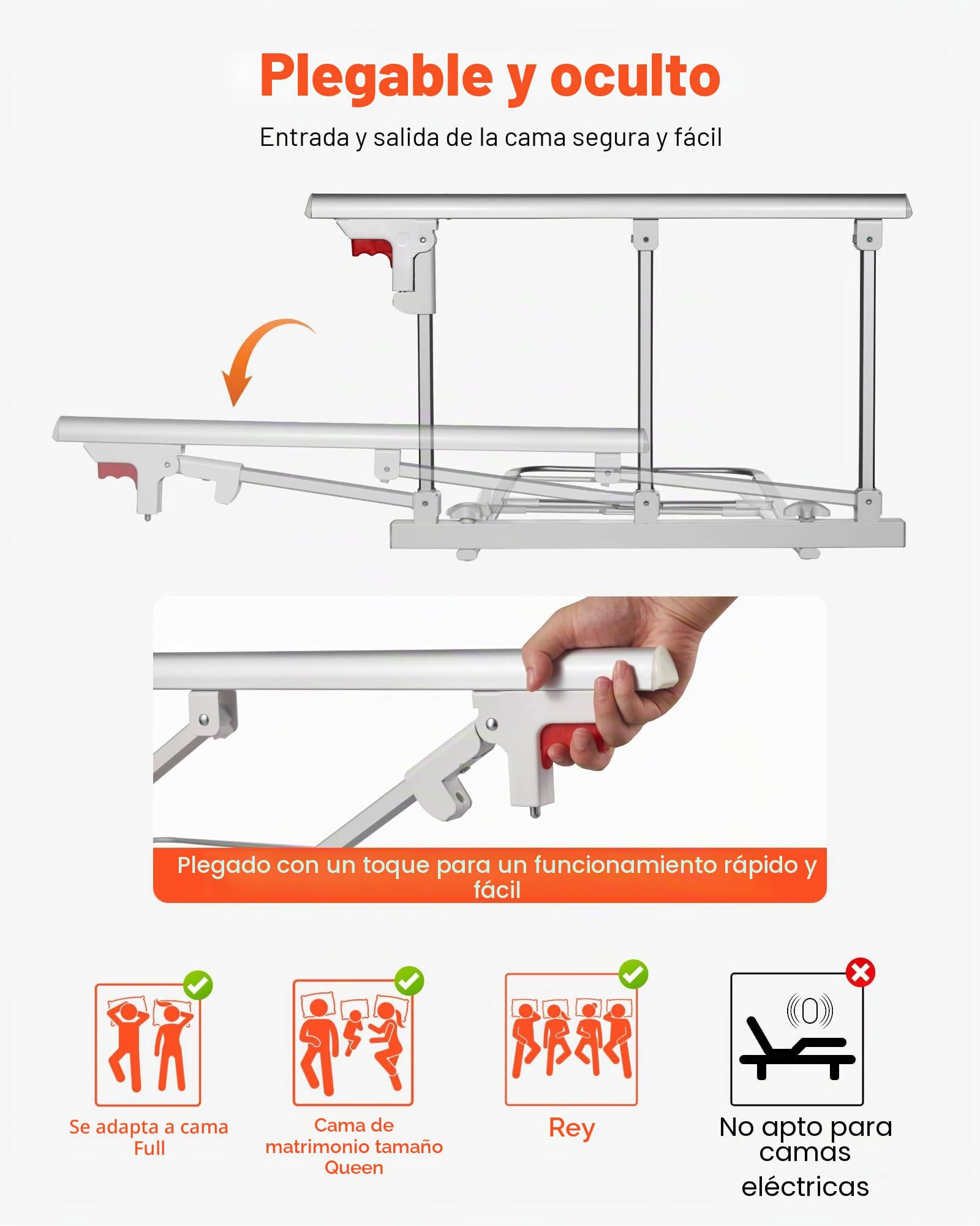 VEVOR Barandilla de Cama Plegable a Personas Mayores, 70 cm, con Correa de Sujeción, Protección Anticaídas y Protección de Bordes, Compatible con Camas King, Queen, Matrimoniales e Individuales