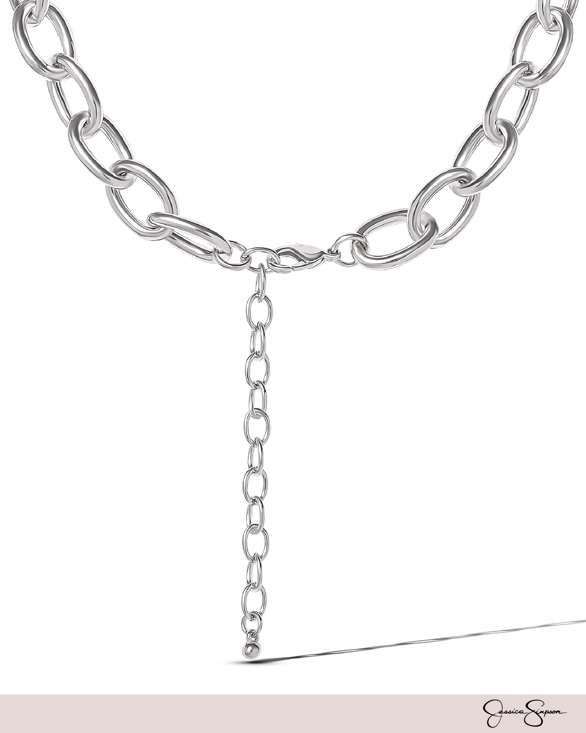 Jessica Simpson Chunky Necklace for Women, Silver-Tone Thick Chain Necklace with Crystal Pendant, Silver Jewelry