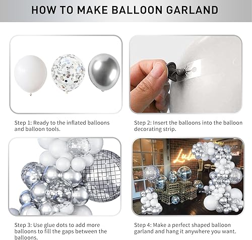 Miniatura 7 de Kit de arco de globos de bola de discoteca, globos blancos y plateados, guirnalda de diferentes tamaños con grandes bolas de espejo plateado