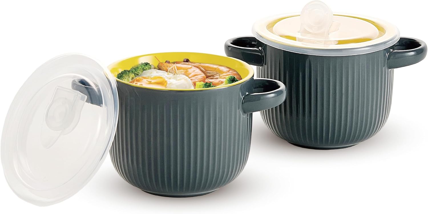 Soup Bowl with Handles and Lids,Oven Safe Soup Crocks,24 oz Ceramic French Onion Crock for Soup,Cereal,Pasta,Ramen and Chilli, Microwave and Dishwasher Safe, Set of 2 (Grey)