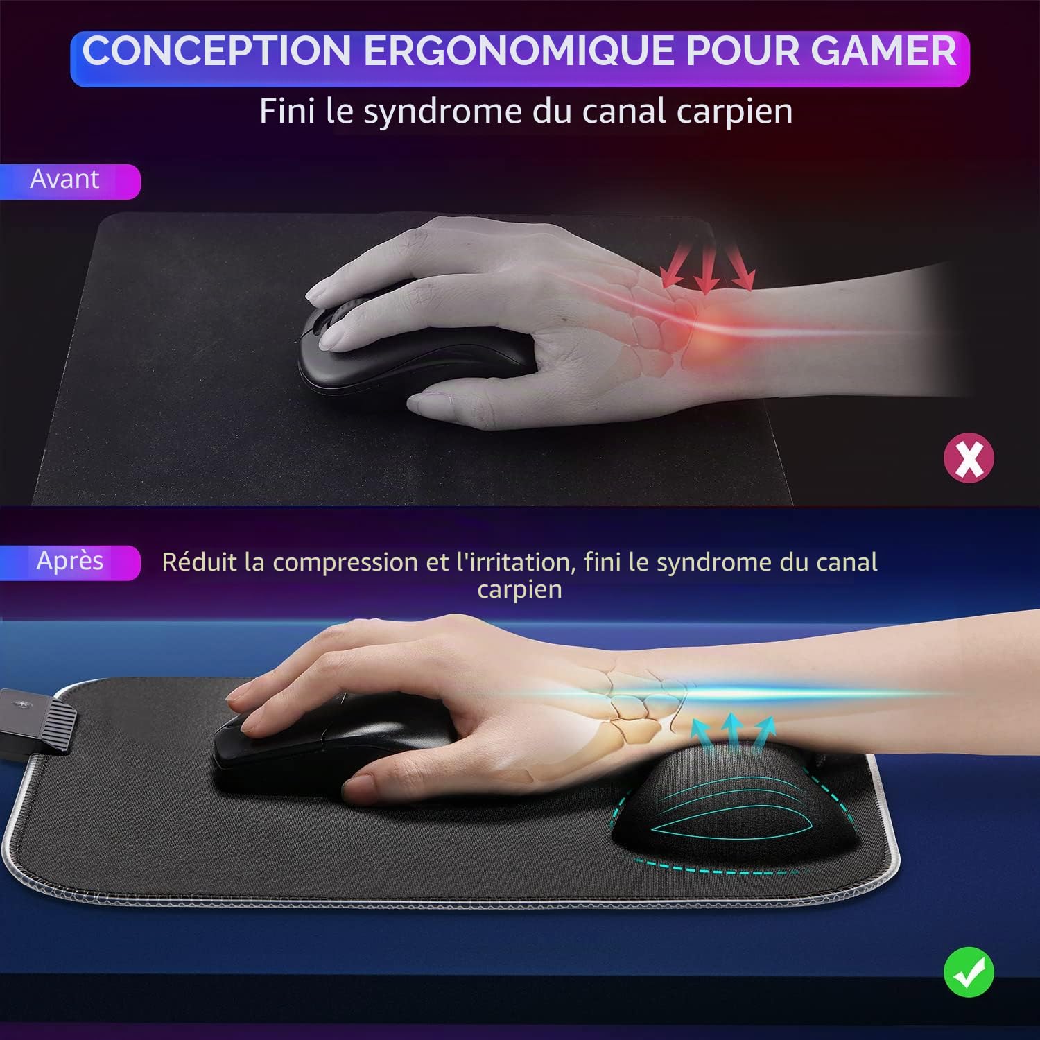 Gimars Tapis de Souris, RGB Tapis de Souris Gaming Ergonomique avec 10 LED Modes de Lumière, 305x254mm XL Mouse Pad Repose Poignet Gel avec Base en Caoutchouc Antidérapante, Tissu Lycra pour Gamer