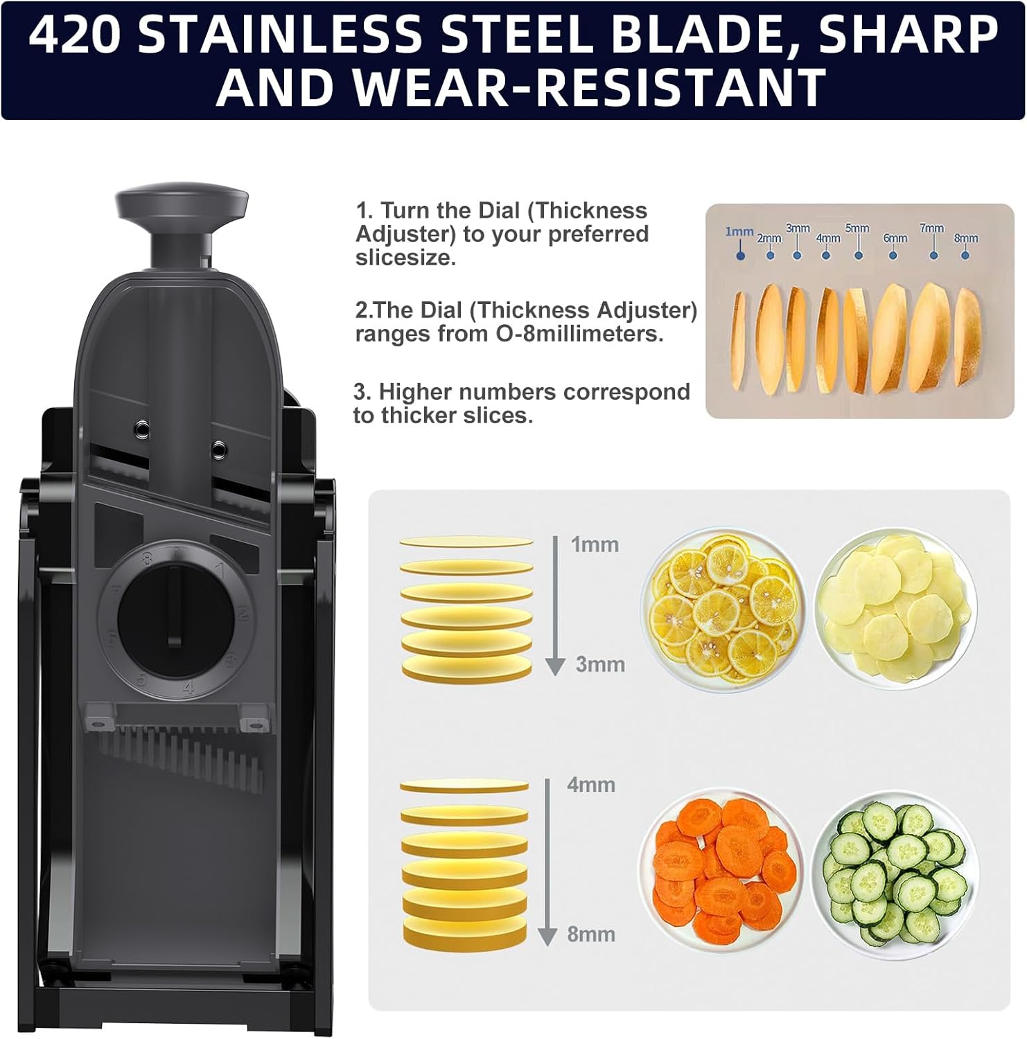 Safe Mandoline Slicer for Kitchen, Adjustable Thickness 0.1-8 mm, Professional Vegetable Slicer, Potato Slicer, Food Chopper French Fry Cutte, Mandolin, Chopping Artifact Fast Veggie (Black Knight)