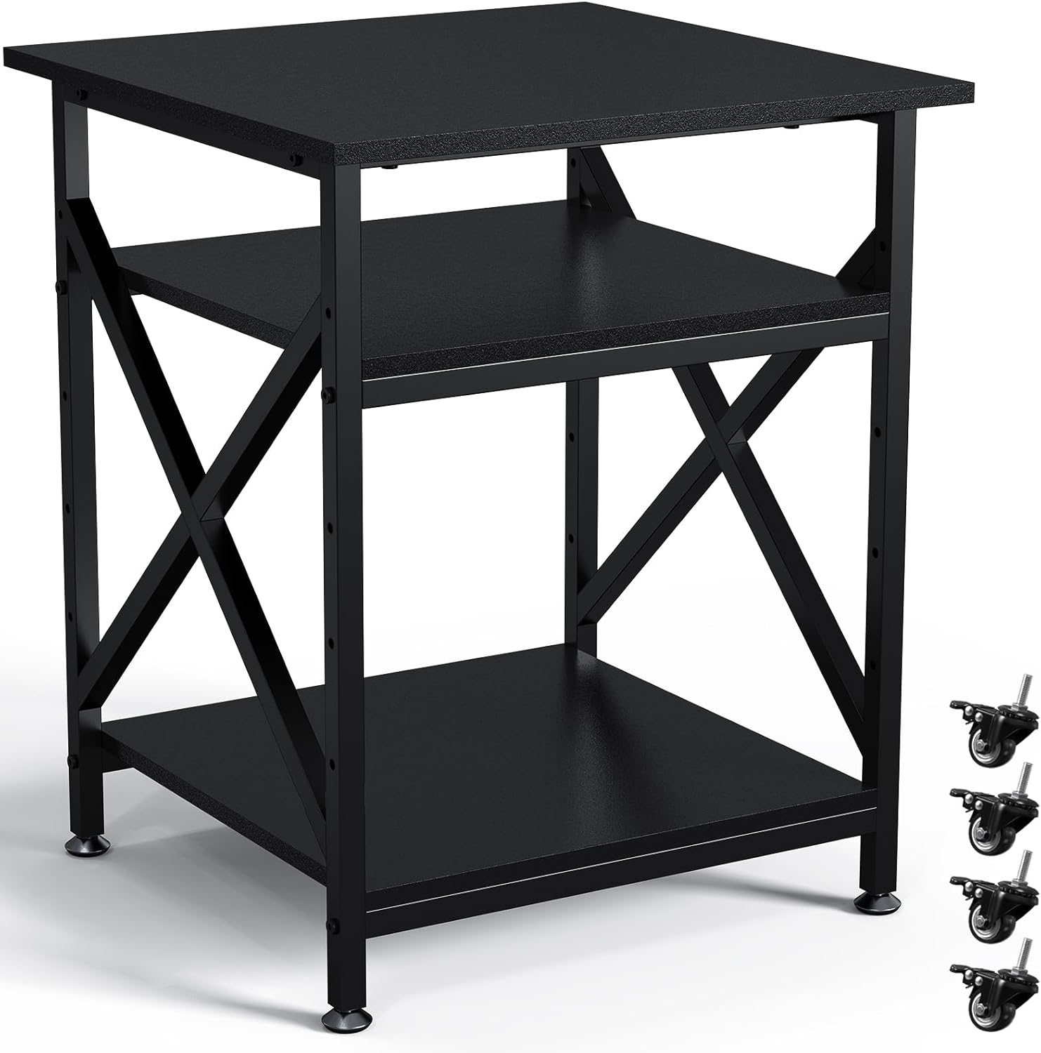 Ollieroo 3 Tier Printer Stand, Large Table with Wheels, Rolling Cart with Height Adjustable Middle Storage Shelf, 23.6 x 23.6 x 30.3 Inches Shelf for Home Office, Black