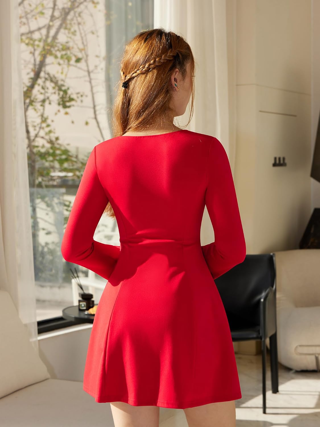 DAAWENXI Women's Casual Square Neck Mini Dress Long Sleeve A line Party Club Short Dress - Image 3