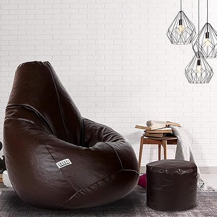 LEXAVI Brand Faux Leather Prefilled with Beans Combo Beanbag with Footrest (Brown, XXXL)